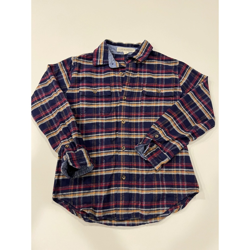 Hope & Henry‎ Boys Navy Blue Red Plaid Organic Cotton Flannel Shirt Size M